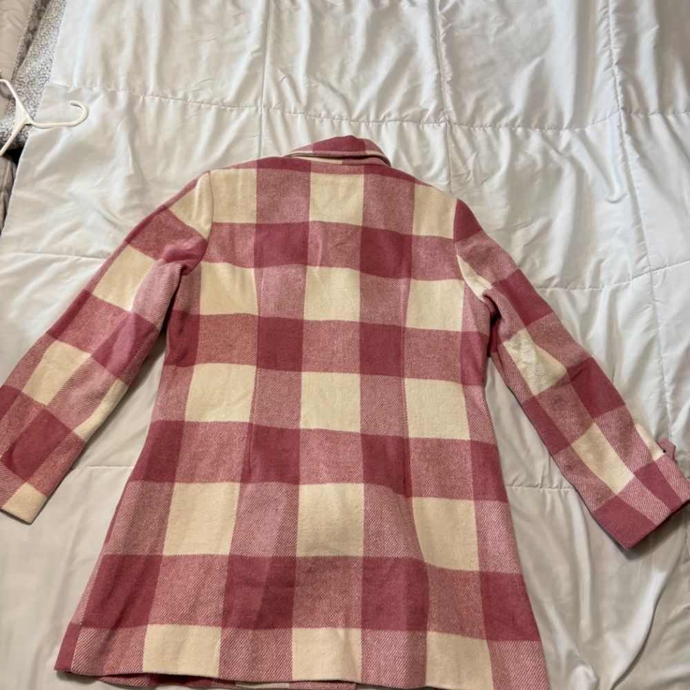 Allegra K Pink White Plaid Double-Breasted Collared Pea Coat Size L - Picture 9 of 9